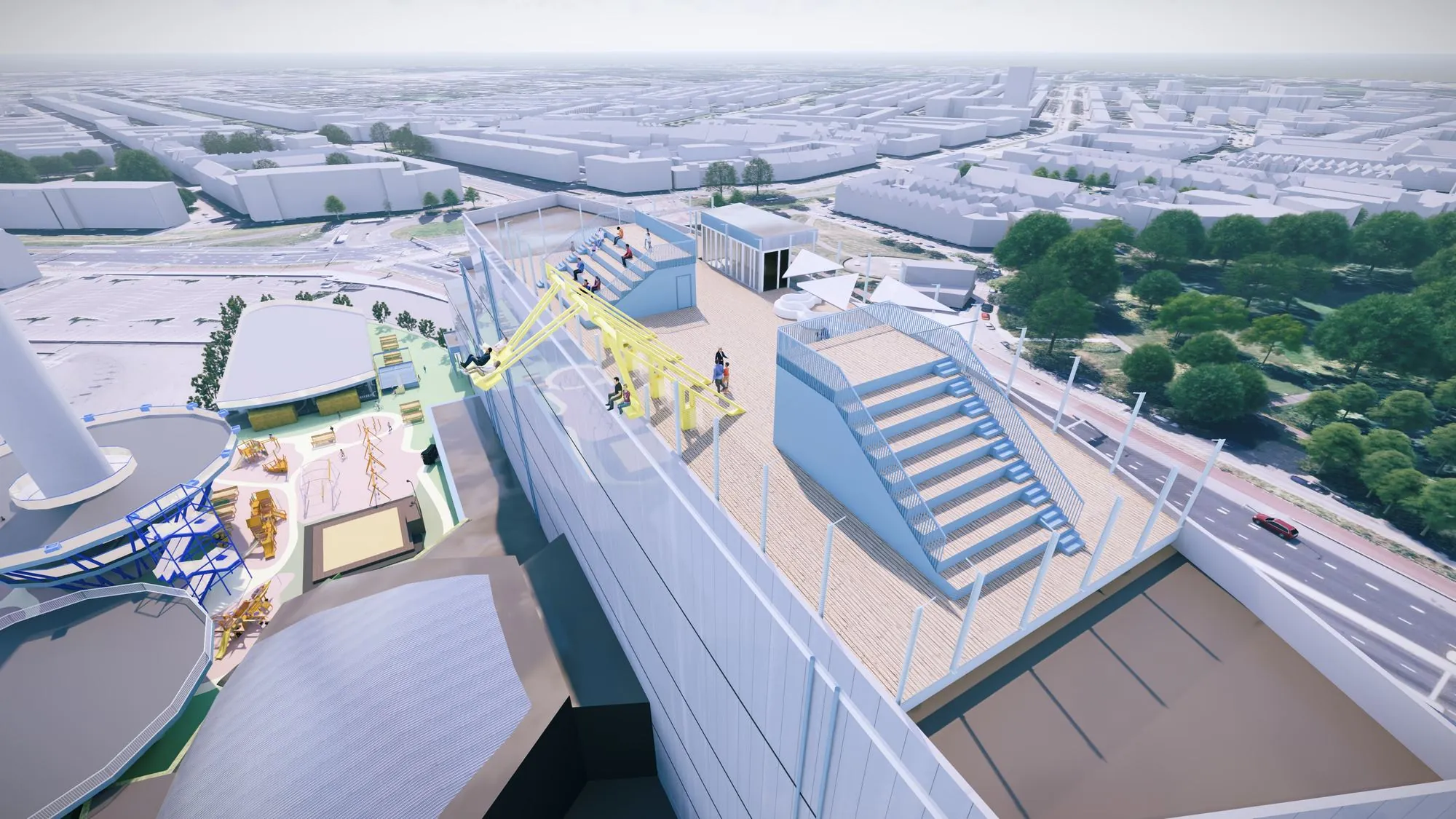 Impressie van de hoge schommel en het uitzicht vanaf R’DAM LOOKOUT